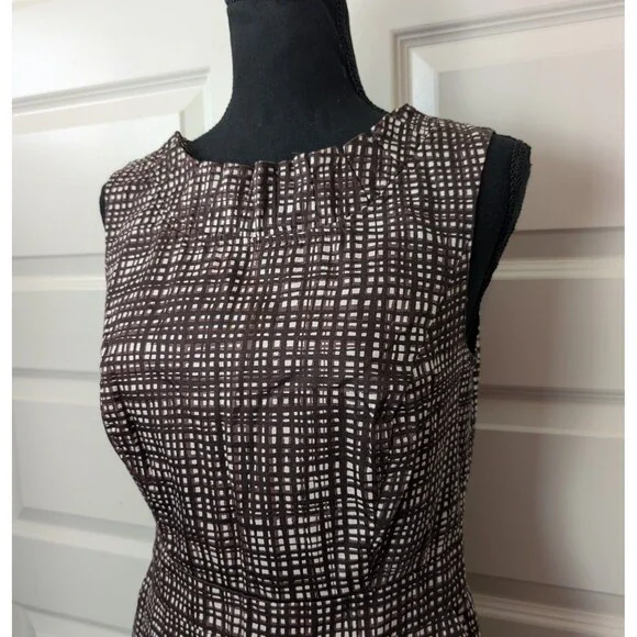 The Limited Size 6 Brown Cream Grid Print Sheath Dress Pockets Sleeveless Work - Picture 4 of 12